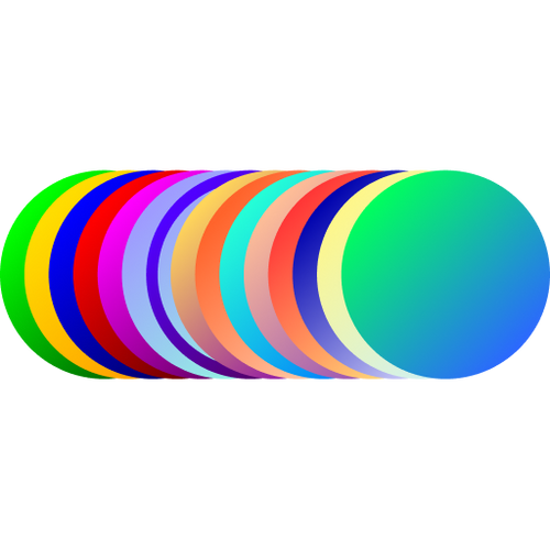 Row of overlapping colorful circles in green, yellow, blue, red, magenta, purple, lavender, orange, cyan, coral, navy, cream, and gradient blue-green.