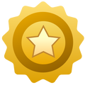Gold badge icon with scalloped edges and cream star in center, featuring concentric circular rings and gradient shading